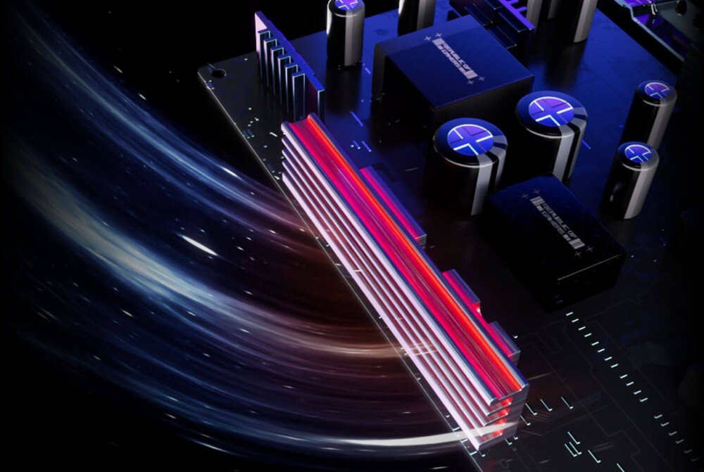 Monitor ASUS ROG Swift PG39WCDM Zbliżenie na radiator chłodzący matrycę. Widać dynamiczny efekt świetlny w postaci smug niebieskiego i czerwonego światła, temperatura, radiator, chłodzenie