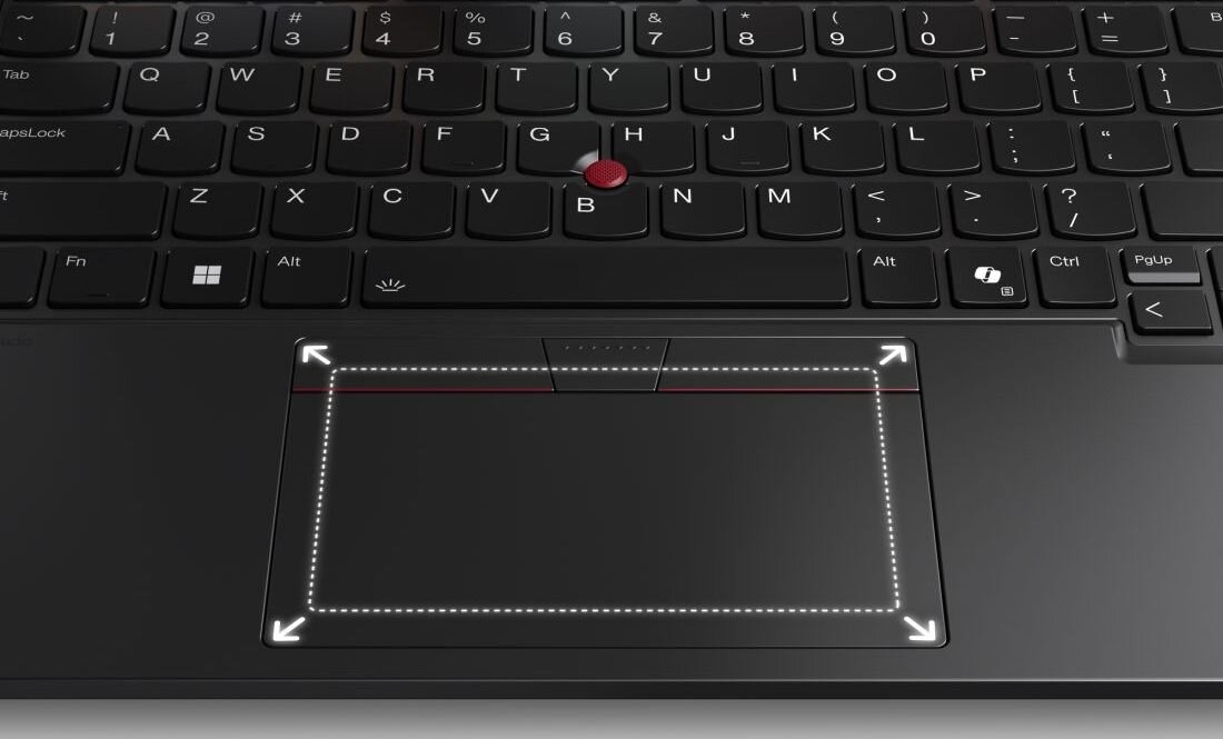 Klawiatura laptopa Lenovo ThinkPad z czerwonym punktem TrackPoint i oznaczonym touchpadem. - TrackPoint Duży TrackPad 