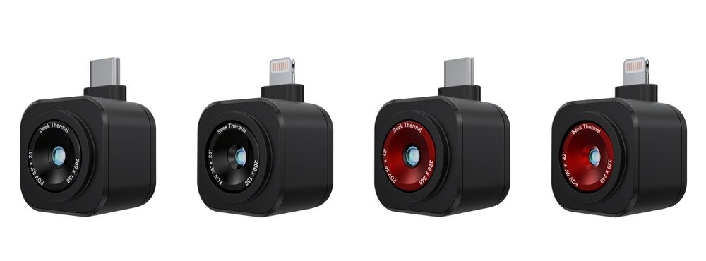 Kamera termowizyjna SEEK THERMAL Nano Lightning dla iPhone’ów (do iPhone 14) USB-C do iPhone 15 Android aplikacja Seek Nano - cztery warianty kamery na białym tle