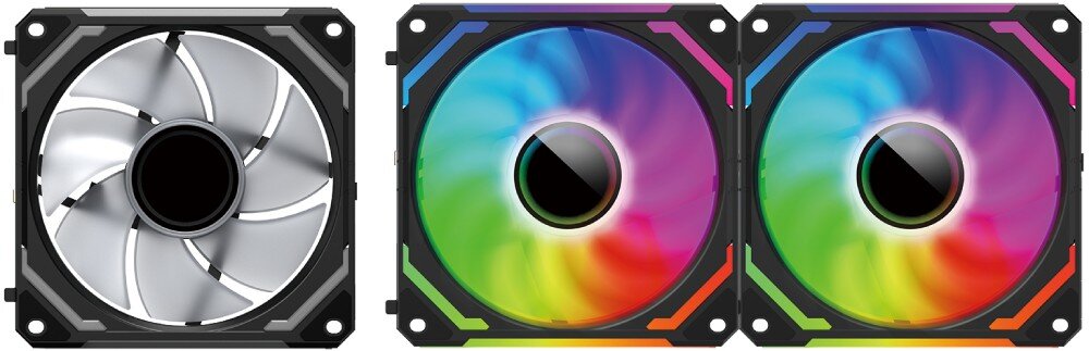 Wentylator REDRAGON GC-F012 (3 szt.) Widok z przodu na trzy wentylatory, jeden bez podświetlenia, dwa z aktywnym efektem RGB, łączenie łańcuchowe, podłączenie