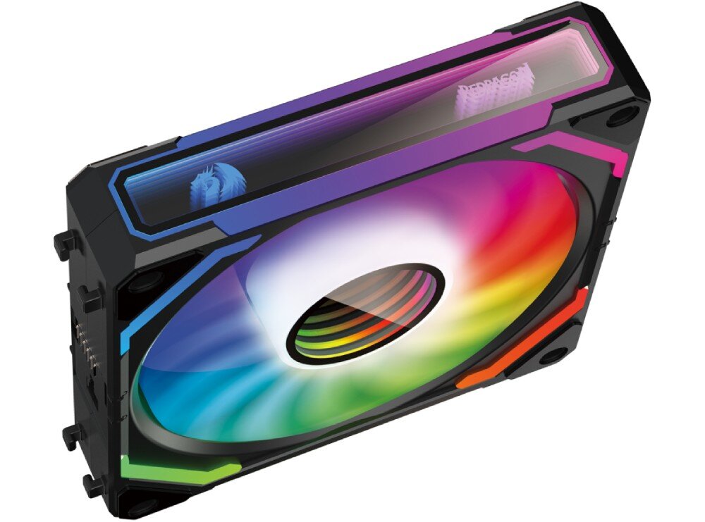 Wentylator REDRAGON GC-F012 (3 szt.) Pojedynczy wentylator z efektem podświetlenia RGB i ozdobnym panelem bocznym, widziany pod kątem, wygląd, podświetlenie ARGB