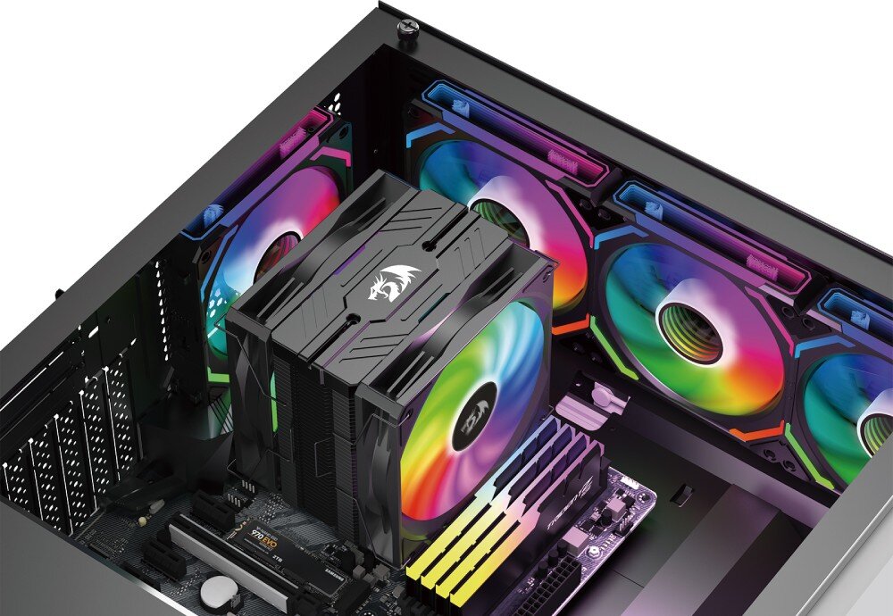 Wentylator REDRAGON GC-F012 (3 szt.) Wnętrze obudowy komputera z zamontowanym chłodzeniem powietrznym i sześcioma wentylatorami RGB umieszczonymi na tylnej i górnej ściance, łopatki, przepływ powietrza