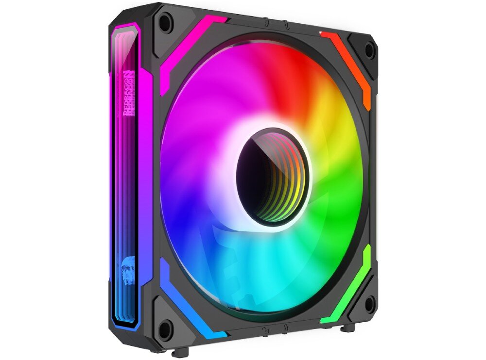 Wentylator REDRAGON GC-F012 (3 szt.) Pojedynczy wentylator RGB z kolorowymi akcentami i podświetlanym paskiem bocznym, pokazany z przodu pod kątem, tłumienie drgań, podkładki, głośność