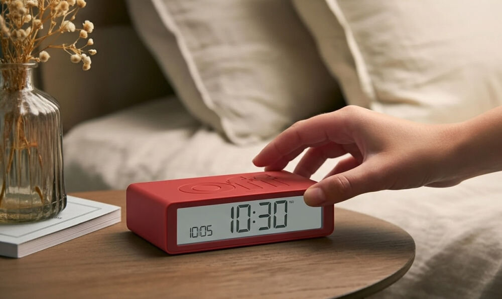 Budzik LEXON Flip Classic Czerwony, sterowanie, Dwustronne, budzik, budzenie, Budzik z dużym wyświetlaczem LCD na stoliku nocnym, dłoń wyłącza alarm, jasne wnętrze sypialni.