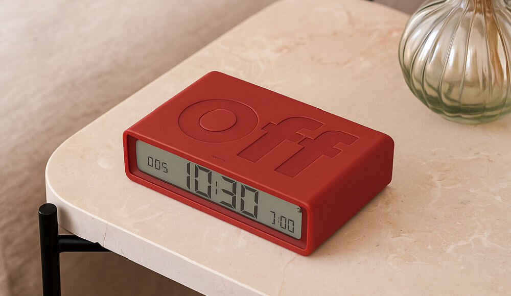 Budzik LEXON Flip Classic Czerwony, dwustronność, prostota, obrót, wygoda, Budzik silikonowy czerwony z napisem off na górze, umieszczony na stoliku, dekoracja kwiatowa obok.