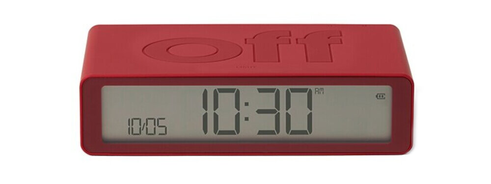 Budzik LEXON Flip Classic Czerwony, ekran, jasność, drzemka, dotyk, Czerwony budzik, widok centralny, wyraźny zegar LCD z dużymi cyframi i wskaźnikiem baterii.