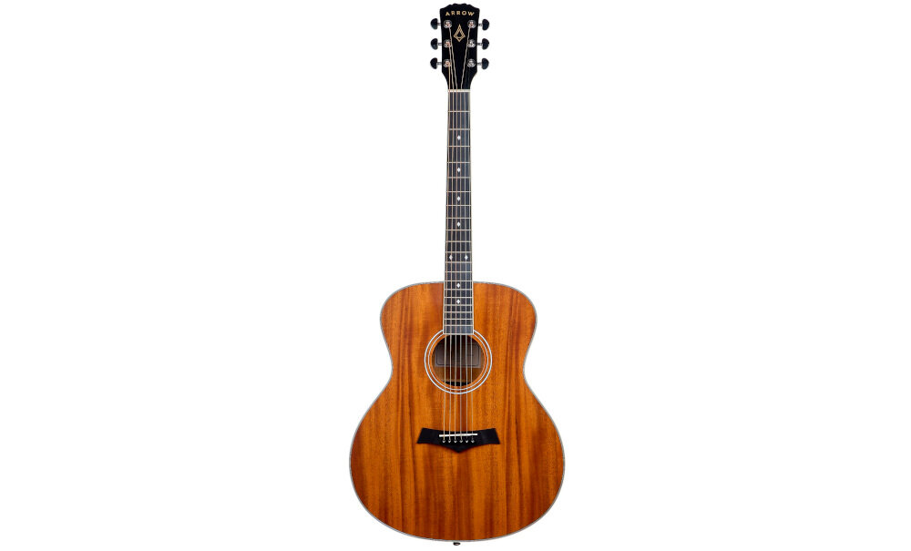 Gitara akustyczna ARROW Gold A siodełko PPS 43 mm transfer dźwięku wybrzmiewanie, gitara do frontu na białym tle