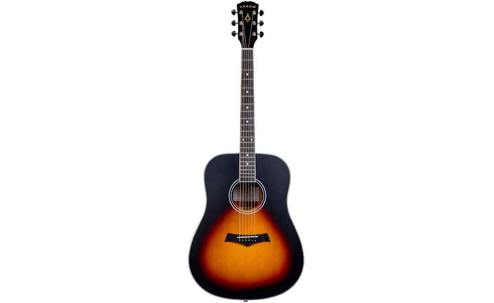 Gitara akustyczna ARROW Gold D brzmienie lity świerk mahoń korpus Dreadnought, gitara od frontu na białym tle