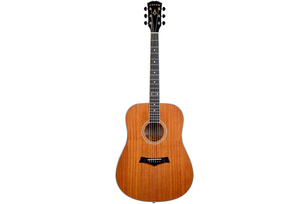 Gitara akustyczna ARROW Gold D binding ABS ochrona estetyka wykończenie, gitara od przodu na białym tle