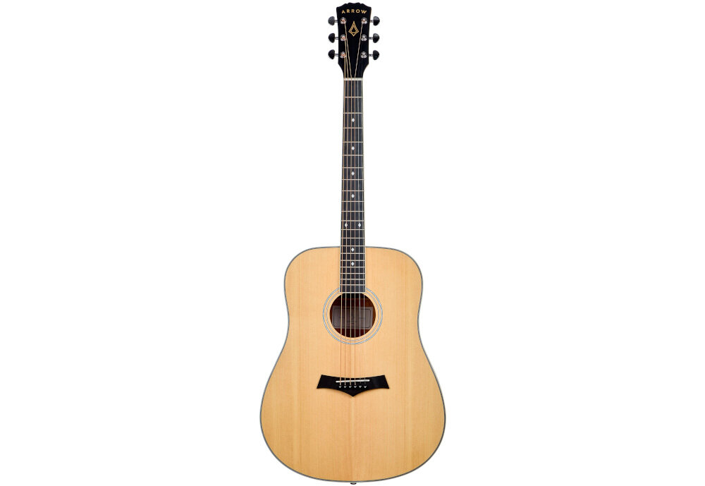 Gitara akustyczna ARROW Gold D dovetail stabilność przenoszenie drgań, gitara od przodu na białym tle