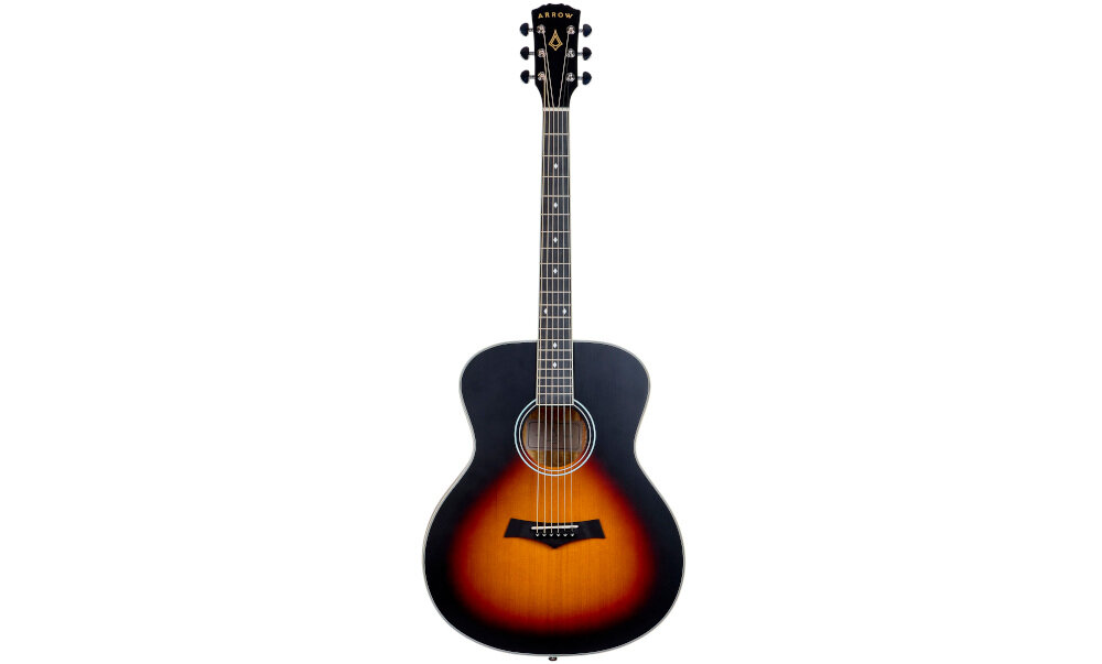 Gitara akustyczna ARROW Gold A z litym świerkiem, elegancka konstrukcja typu Auditorium, gitara do frontu na białym tle