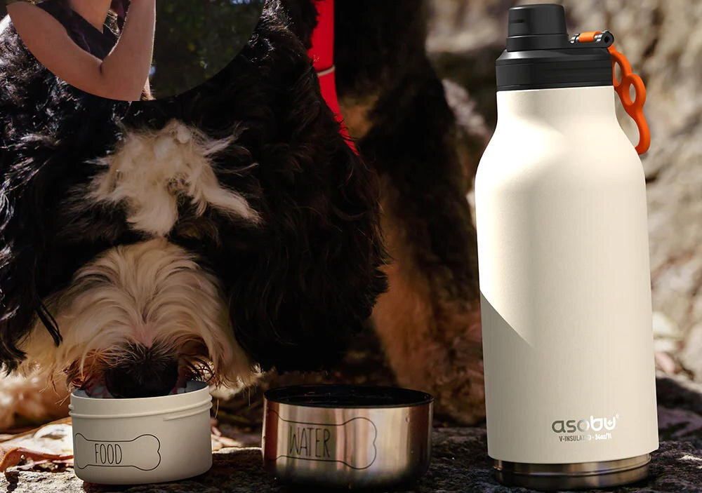 Butelka ASOBU Buddy Biały prezentacja pies korzysta z miski