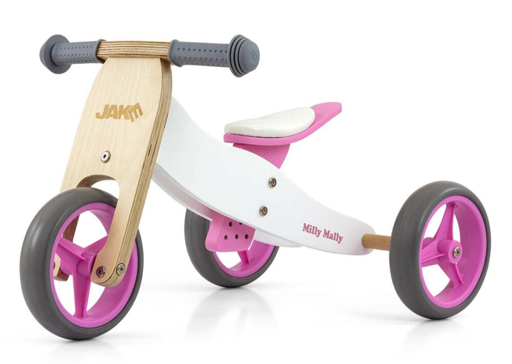 Rowerek biegowy MILLY MALLY Jake 2w1 Classic Różowy rozpocznaja nauke jazdy latwe przestawienia na dwa lub trzy kolka cwiczy motoryke sile miesnie nog utrzymywanie rownowagi koordynacje wzrokowo-ruchowa
