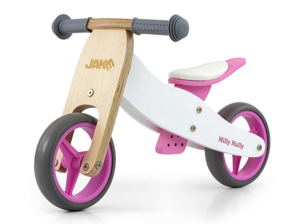 Rowerek biegowy MILLY MALLY Jake 2w1 Classic Różowy mozliwosc przerobienia z trojkolowego pojazdu na dwukolowy biegacz atrakca pobudza aktywnosc dla dzieci od 12 do 36 miesiaca zycia obciazenie do 25 kg