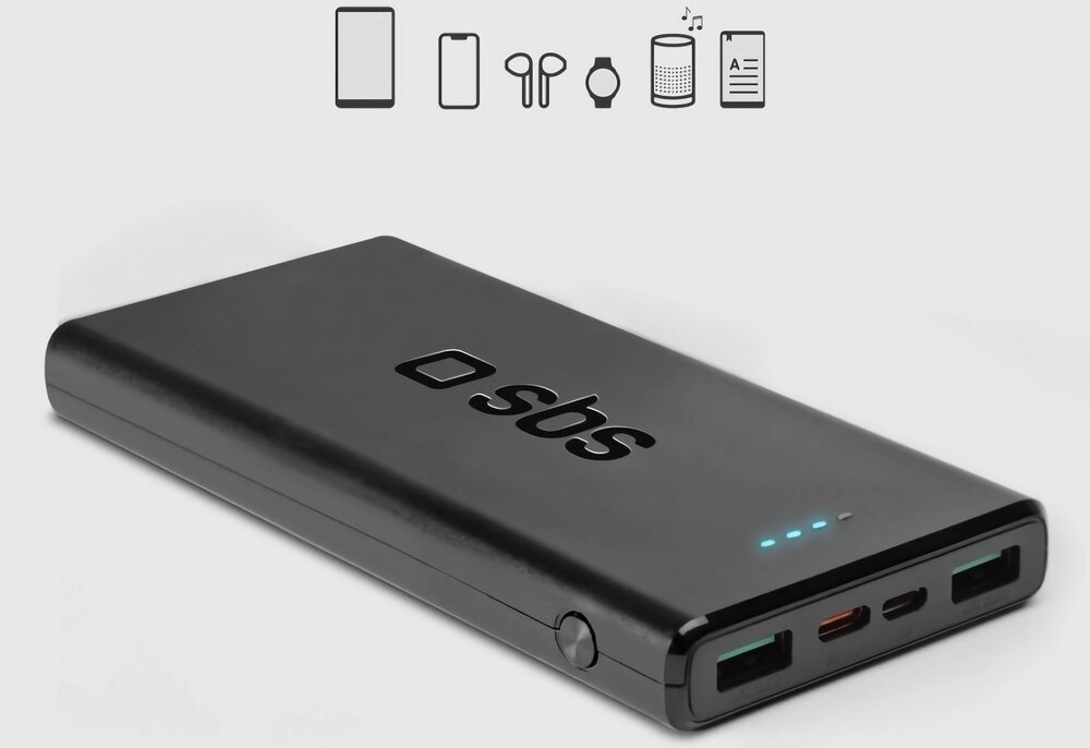 Powerbank SBS 10000mAh 20W Power Delivery TTBB10000FASTPD20K Czarny Power bank pokazujący wskaźniki LED i ładowany przez USB-C