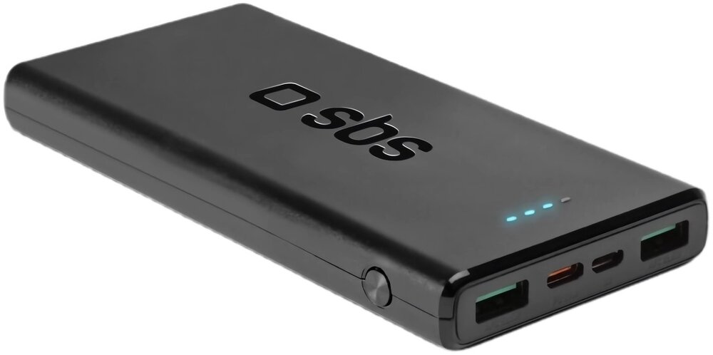 Powerbank SBS 10000mAh 20W Power Delivery TTBB10000FASTPD20K Czarny Przenośny power bank umieszczony w torbie podróżnej zgodny z przepisami dotyczącymi podróży lotniczych