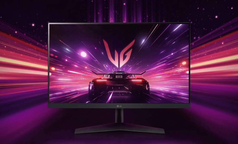 Monitor LG UltraGear 24GS60F-B Monitor na ciemnym tle z futurystyczną grafiką samochodu w ruchu, ochrona wzroku, migotanie, matowa powłoka matrycy