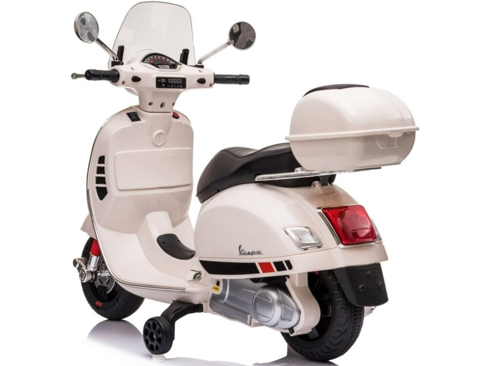 Motorek elektryczny MILLY MALLY Vespa GTS Super Biały dwa wbudowane akumulatory zelowe napiecie 2 x 6 V pojemnosc 2,5 Ah maksymalna predkosc od 2 do 3 km/h ladowarka czas ladownia okolo 9-10 godzin