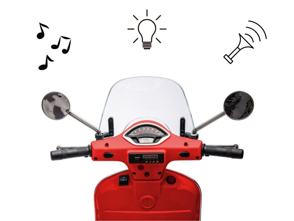 Motorek elektryczny MILLY MALLY Vespa GTS Super Czerwony wbudowany odtwarzacz mp3 panel mp3 z USB-A AUX wygodne przyciski