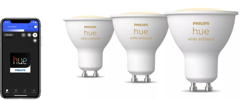 Inteligentna żarówka LED PHILIPS HUE White Ambiance GU10 3 szt. inteligentne rozwiazanie oszczednosc energii komfort uzytkowania moc 4,2 W energooszczedna efektywnosc oszczednosc