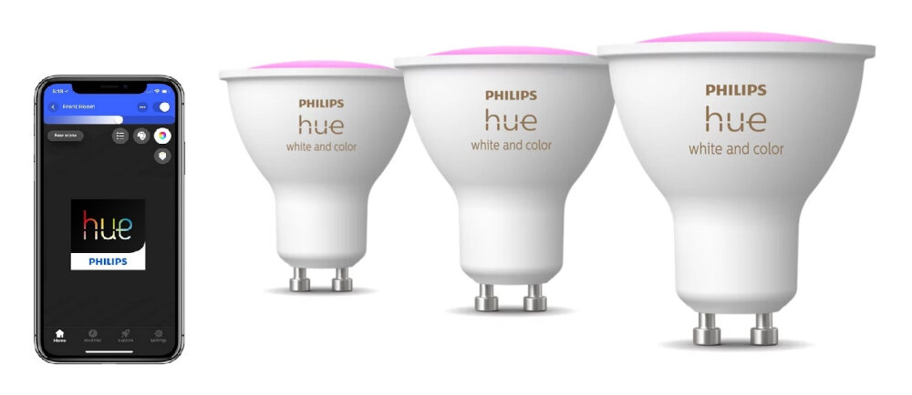 Inteligentna żarówka PHILIPS HUE White and color Ambiance GU10 2 szt. inteligentne rozwiazanie oszczednosc energii komfort uzytkowania moc 4,2 W energooszczedna efektywnosc oszczednosc