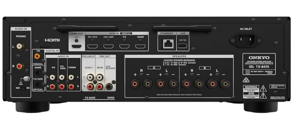 Amplituner Stereo ONKYO TX-8470 - Trwała, elegancka konstrukcja, amplituner od tyłu białym tle
