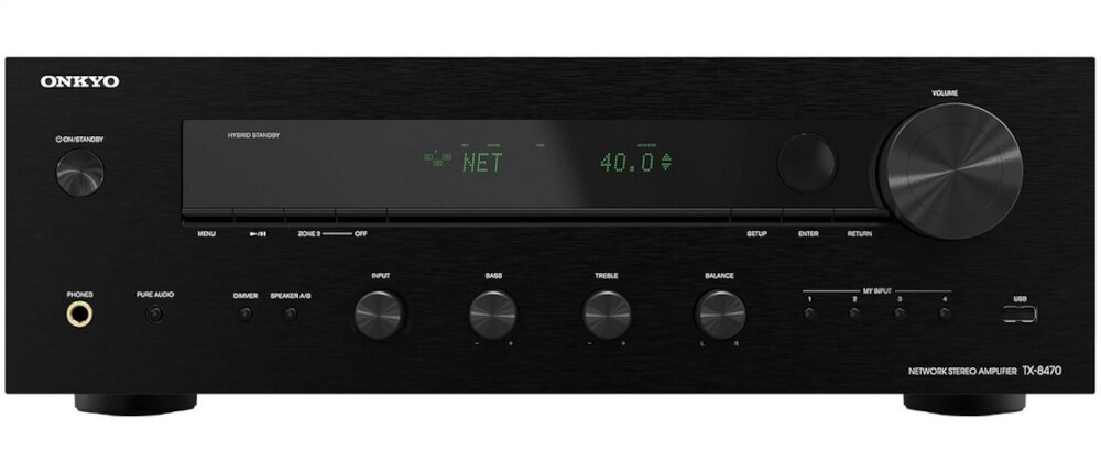 Amplituner Stereo ONKYO TX-8470 - Dobra jakość brzmienia, amplituner od frontu na białym tle