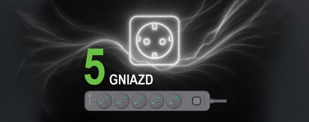 Grafitowa listwa zasilająca z pięcioma gniazdami, obok której widnieje napis \'5 GNIAZD\'. W tle widoczny jest symbol gniazdka elektrycznego z efektami świetlnymi.