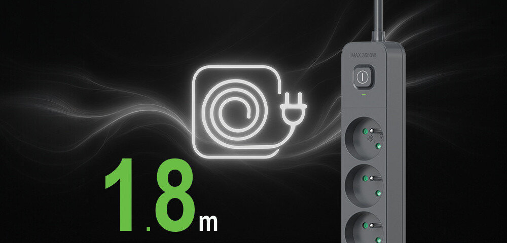 Grafitowa listwa zasilająca z czterema gniazdami i przyciskiem zasilania, obok której widoczny jest symbol kabla oraz napis \'1.8 m\'.