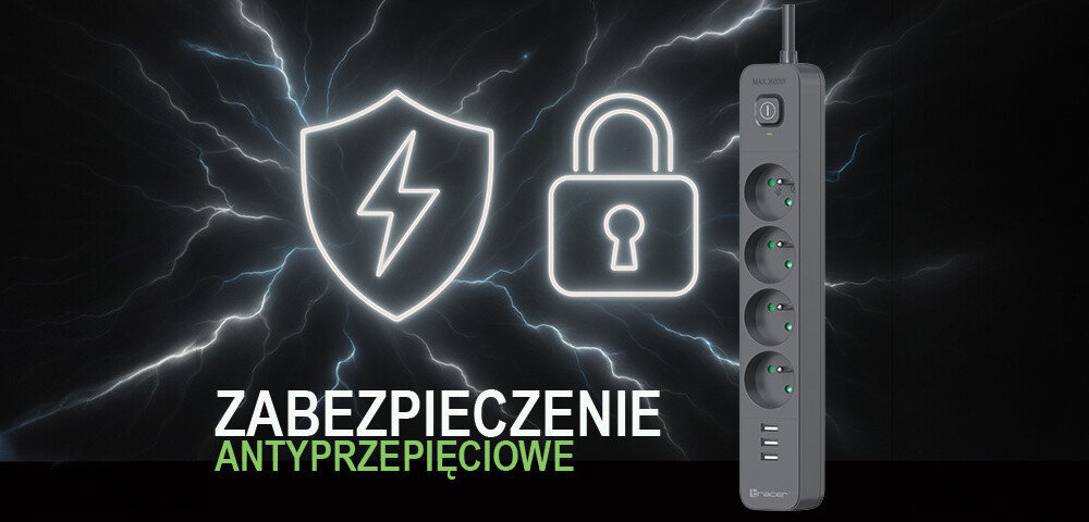 Obraz przedstawia czarną listwę zasilającą z pięcioma gniazdami i trzema portami USB, obok której znajdują się ikony tarczy z błyskawicą i kłódki. Na dole widoczny jest tekst: \'ZABEZPIECZENIE ANTYPRZEPIĘCIOWE\'.