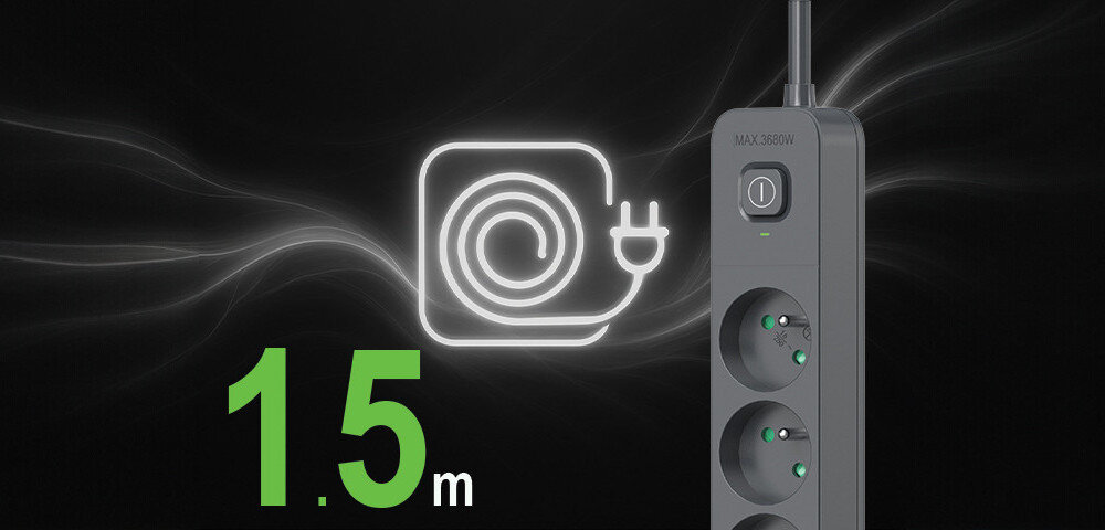 Czarna listwa zasilająca z trzema gniazdami i przyciskiem włączania, obok której widnieje symbol kabla z wtyczką oraz napis \'1.5 m\'.