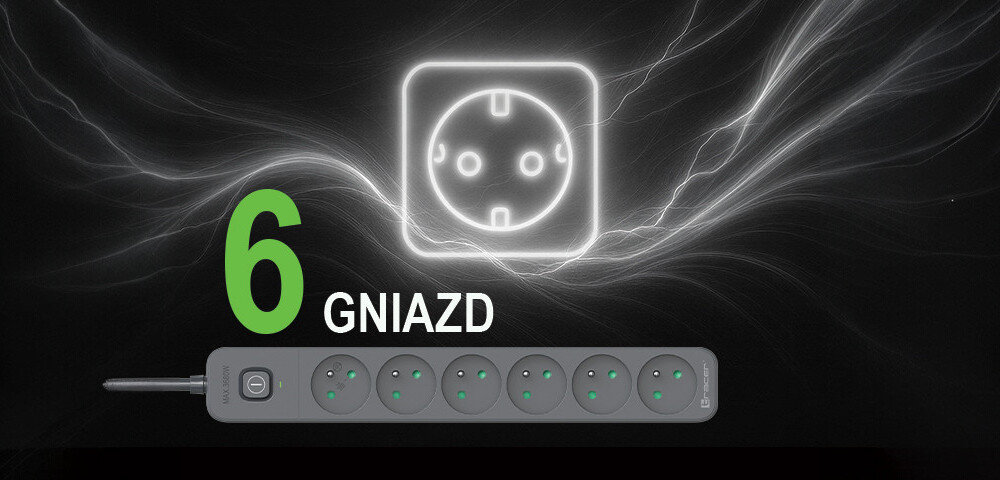 Grafitowa listwa zasilająca z sześcioma gniazdami i podświetlanym przyciskiem. Na obrazie widoczny jest napis \'6 GNIAZD\' oraz symbol gniazdka elektrycznego.