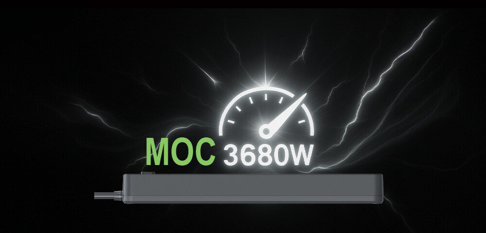 Grafitowa listwa zasilająca z widocznym napisem \'MOC 3680W\' oraz ikoną prędkościomierza na tle błyskawic.