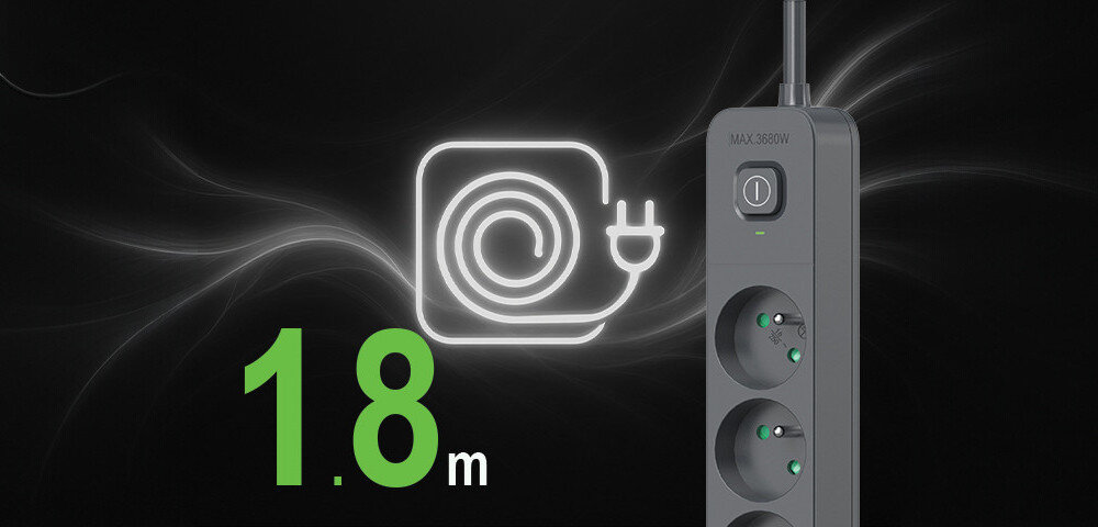 Grafitowa listwa zasilająca z trzema gniazdami i przyciskiem, obok której widoczny jest symbol kabla oraz napis \'1.8 m\'.