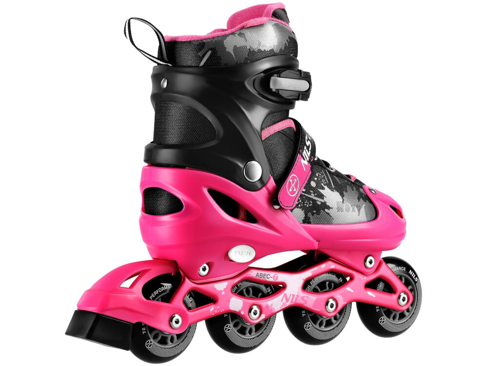 Łyżworolki NILS EXTREME NA18137A rozmiar 31-34 Czarno-różowy dla poczatkujacych i sredniozaawansowanych rolkarzy wytrzymala skorupa wygoda wsokiej jakosci kolka i lozyska mozliwosc regulacji rozmiaru od 31 do 34 dlugosc wkladki 185-200 mm w zaleznosci od rozmiaru