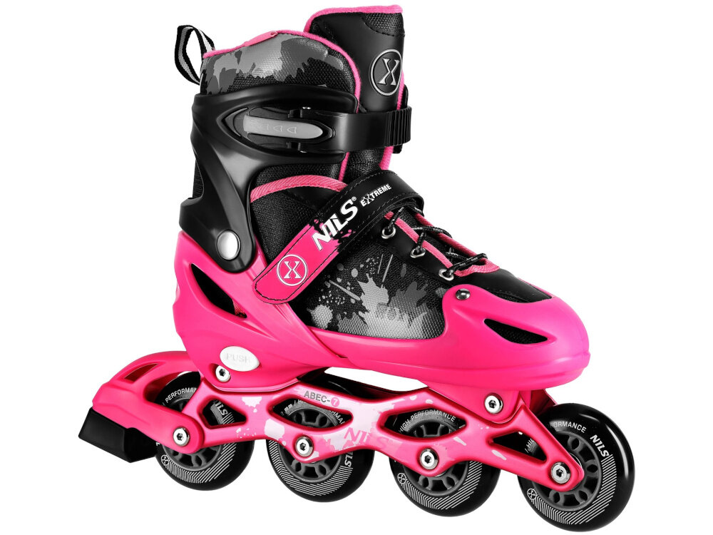 Łyżworolki NILS EXTREME NA18137A rozmiar 31-34 Czarno-różowy z polipropylenu bardzo wytrzymale wewnatrz material EVA bardzo wygodne dopasowuja sie do stopy