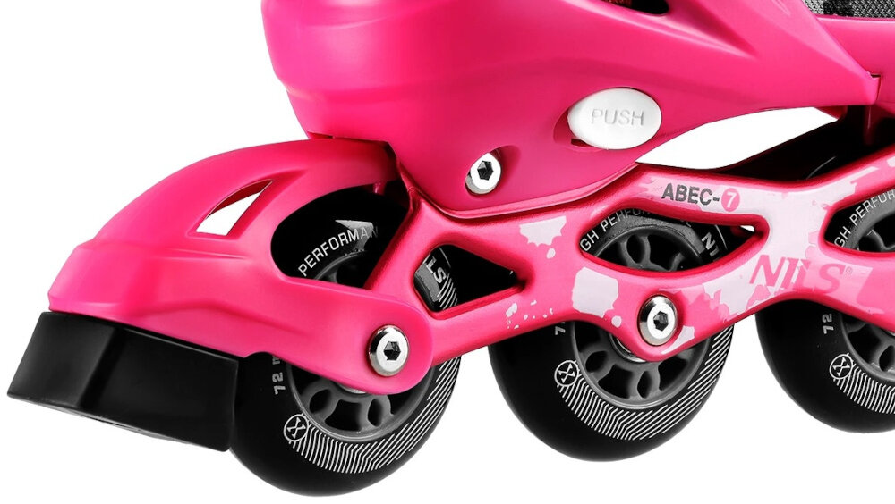 Łyżworolki NILS EXTREME NA18137A rozmiar 31-34 Czarno-różowy bezpieczne uzytkowanie tylny hamulec nozny docisniecie pieta do podloza bezpieczne zatrzymanie sie