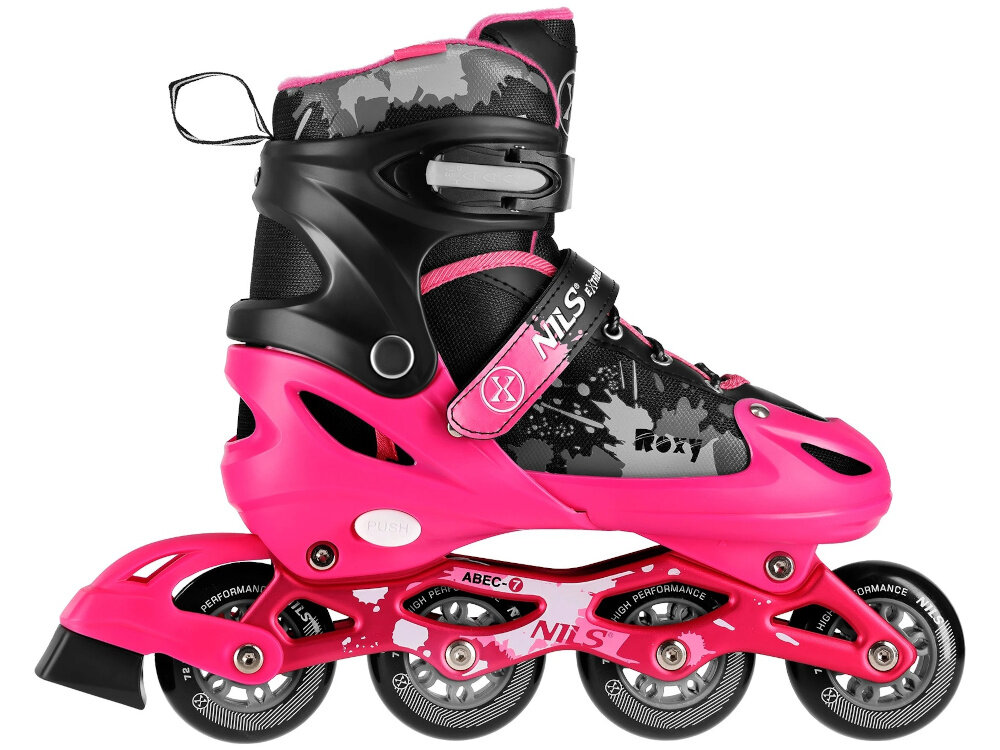 Łyżworolki NILS EXTREME NA18137A rozmiar 31-34 Czarno-różowy mocna solidna konstrukcja aluminiowa jednoczesciowa ploza wentylacja oddychajaca przepuszczalna membrana stopa sie nie poci