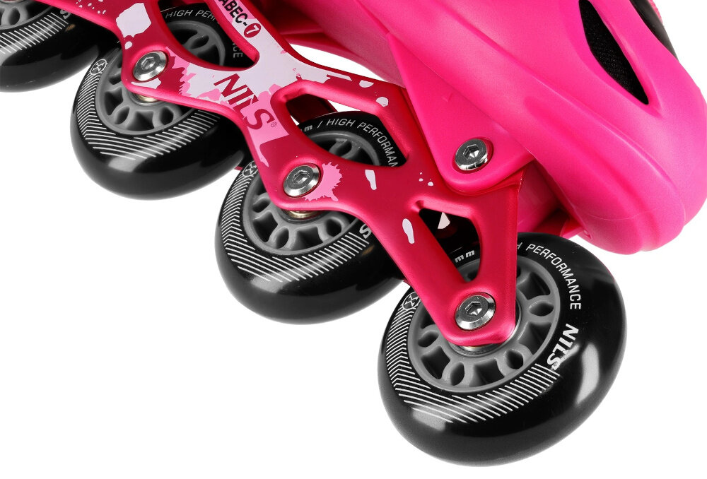 Łyżworolki NILS EXTREME NA18137A rozmiar 31-34 Czarno-różowy miekkie kolka z materialu PU twardosc 82A srednica 64 mm bardzo dobra przyczepnosc do podloza skuteczne tlumienie drgan wygoda bezpieczenstwo wysokiej jakosci lozyska ABEC-7 odporne na zuzycie