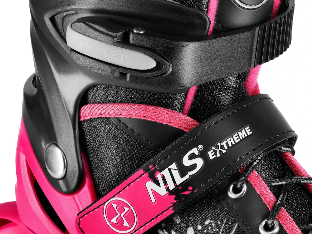 Łyżworolki NILS EXTREME NA18137A rozmiar 31-34 Czarno-różowy zapiecia klamra dwusekcyjna pase na rzep sznurowadla bezpieczenstwo podczas jazdy srawdzaja sie niezaleznie od pogody maksymalna dynamika jazdy