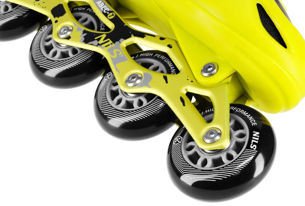 Łyżworolki NILS EXTREME NA18137A rozmiar 31-34 Czarno-żółty miekkie kolka z materialu PU twardosc 82A srednica 64 mm bardzo dobra przyczepnosc do podloza skuteczne tlumienie drgan wygoda bezpieczenstwo wysokiej jakosci lozyska ABEC-7 odporne na zuzycie