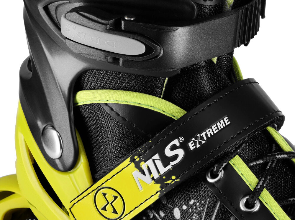 Łyżworolki NILS EXTREME NA18137A rozmiar 31-34 Czarno-żółty zapiecia klamra dwusekcyjna pase na rzep sznurowadla bezpieczenstwo podczas jazdy srawdzaja sie niezaleznie od pogody maksymalna dynamika jazdy