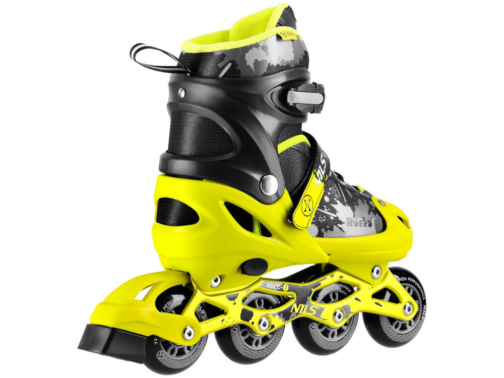 Łyżworolki NILS EXTREME NA18137A rozmiar 39-42 Czarno-żółty dla poczatkujacych i sredniozaawansowanych rolkarzy wytrzymala skorupa wygoda wsokiej jakosci kolka i lozyska mozliwosc regulacji rozmiaru od 39 do 42 dlugosc wkladki 255-275 mm w zaleznosci od rozmiaru