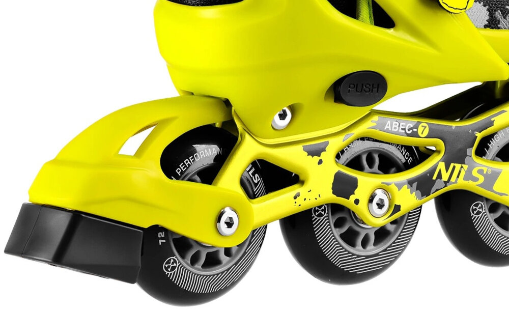 Łyżworolki NILS EXTREME NA18137A rozmiar 39-42 Czarno-żółty bezpieczne uzytkowanie tylny hamulec nozny docisniecie pieta do podloza bezpieczne zatrzymanie sie