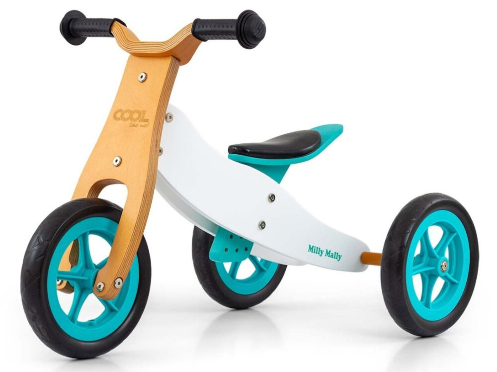 Rowerek biegowy MILLY MALLY Cool Classic 2w1 Miętowy rozpocznaja nauke jazdy latwe przestawienia na dwa lub trzy kolka cwiczy motoryke sile miesnie nog utrzymywanie rownowagi koordynacje wzrokowo-ruchowa
