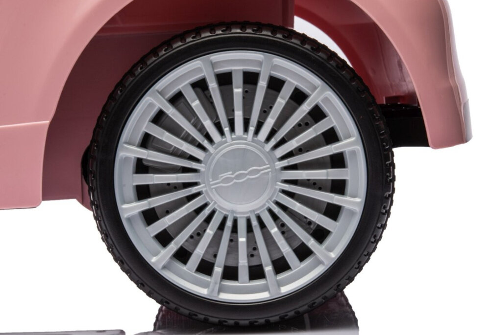Samochód dla dziecka MILLY MALLY Fiat 500e Różowy metalowe osie kol kola srednica 21 cm trwalosc stbilnosc solidne wykonanie kol pianka EVA dluga zywotnosc duza odpornosc na uszkodzenia