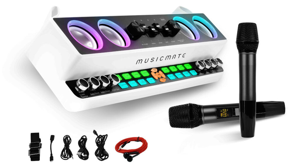 Power audio MUSICMATE MM-SC600 SonicPulse, dwa mikrofony bezprzewodowe, pas na ramię, kabel USB-A / USB-C, kabel OTG (lighting / USB-C),
(kabel USB-C - USB-C męski / USB-C żeński), kabel AUX (jack 3,5 mm / jack 3,5 mm), słuchawki odsłuchowe jack 3,5 mm, dokumentacja.