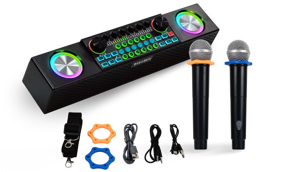 zestaw audio MUSICMATE MM-SC500 SonicEdge, dwa mikrofony bezprzewodowe, pas na ramię, 2x kabel USB-A / USB-C, kabel AUX (jack 3,5 mm / jack 3,5 mm),
2x pierścień antypoślizgowy, dokumentacja