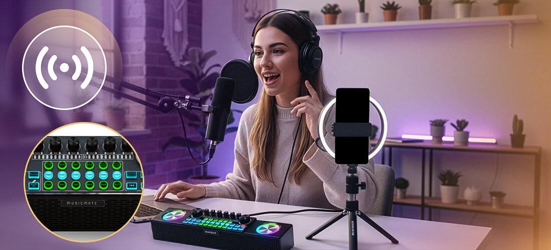 Zestaw do Karaoke i Streamingu MUSICMATE MM-SC500 SonicEdge głośnik mikser efekty audio mikrofony Bluetooth, osoba z założonymi słuchawkami studyjnymi prowadząca podcast