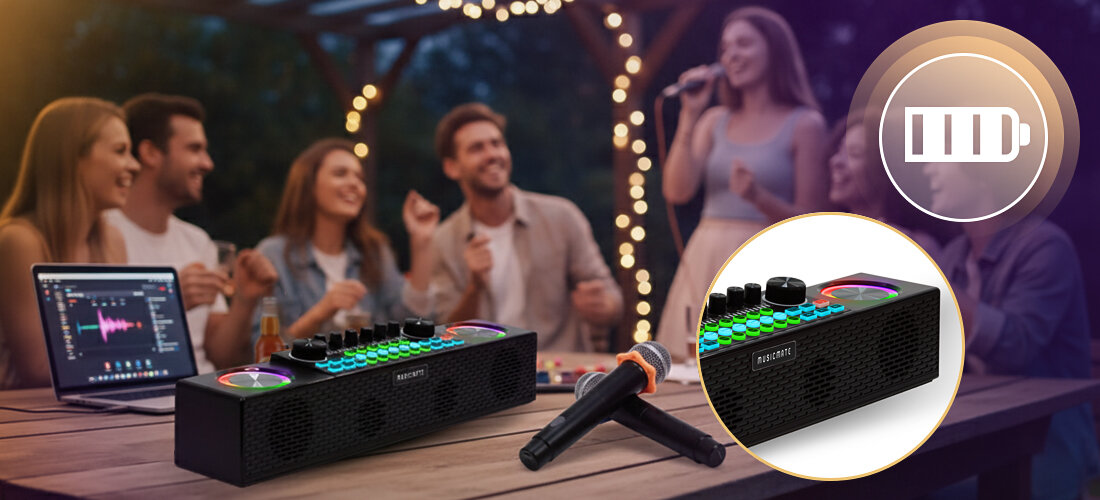 Zestaw do Karaoke i Streamingu MUSICMATE MM-SC500 SonicEdge efekty audio live filtry głos pogłos, zestaw leżący na stole w plenerze